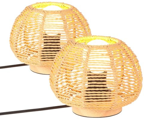 LIGKIN Lot de 2 Lampe de Table Tissée Lampe de Chevet Style Bohème Abat-jour en Papier Ficelle Lampe Vintage Bois Éclairage De Table Veilleuse Déco pour Chambre Bureau Lecture