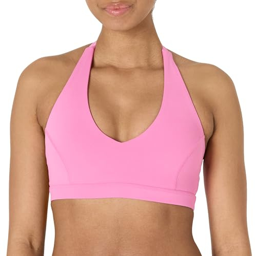 Amazon Essentials Women's Active FormFlex Buttery Soft Light Support Halter V-Neck Sports Bra, Pink, Medium
