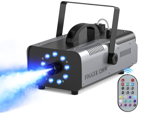 Máquina de Humo Automática 1200W 9 RGB LED Máquina de Niebla Colores Efectos con Remoto Inalámbrico Portátil Fog Machine para Hogar Fiesta Boda Espectáculo Bar Escenario Halloween Navidad