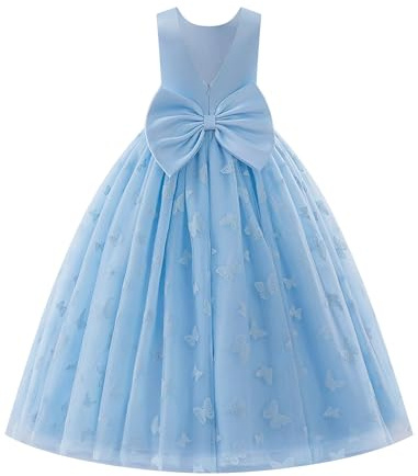 EFOGEP Vestido de Niñas de las Flores para Boda Elegante Espalda en V con Lazo Satén Tul Vestidos Largos de Princesa Niñas Dama de Honor Cumpleaños Concurso Primera Comunión Fiesta Vestidos de Gala