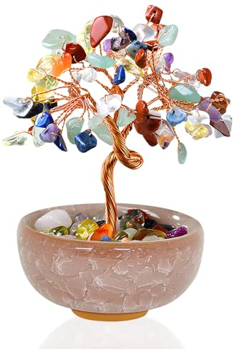 VLYX Rose Quartz Crystal Tree of Life - Handmade Colorful Gemstone Money Tree for Home Office Decor, Positive Energy Gift for Women