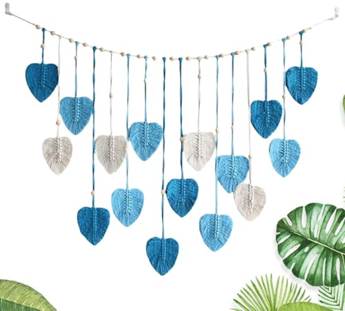 Bohemia Chic - Tapiz de macramé para colgar en la pared, con cuentas de madera y hojas de 120 x 75 cm, para salón, dormitorio, interior (azul)
