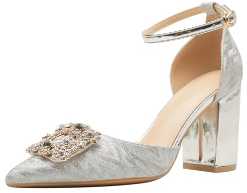 Escarpins en Cristal Scintillant pour Femmes, Classiques avec Talon Bloc, Chaussures de Mariage à Bride de Cheville, Chaussures de soirée et de Travail Confortables.,Argent,41 EU