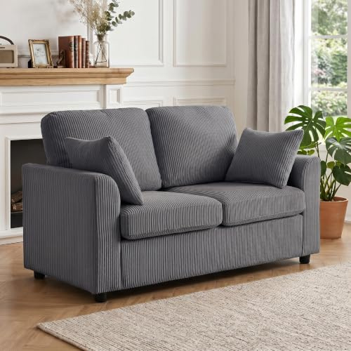 HOMCOM 2 Seater Sofa, 144cm Corduroy Loveseat, Dark Grey | Spring Cushion, Wide and Deep Seat, Plush Backrest, 2 Pillows, Sofa Settee, Living Room, Home Office