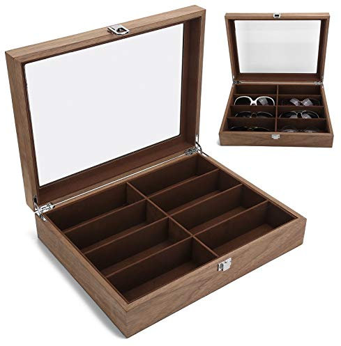 YUYTE 8 grilles Organisateur de Lunettes en Bois, Lunettes de vitrine de Voyage étui à Bijoux boîte de Rangement de Lunettes pour Femmes Hommes