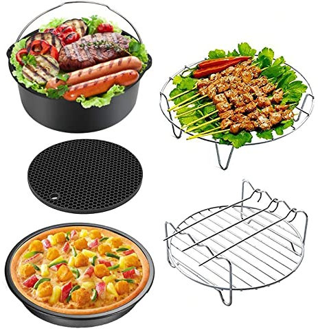 Air Fryer Lot de 5 accessoires pour friteuse Air Fryer Compatible avec 10,8 QT pour friteuse à air de 17,8 cm avec moule à gâteau rond antiadhésif, plaque à pizza, support en métal
