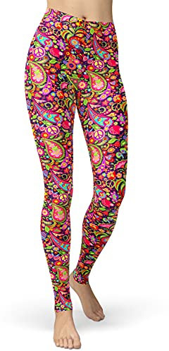 sissycos Damen Tier Muster Leggings, Leoporden Bunte Leggins Sexy, Oil Painting Sanft Hohe Taille Strumpfhose Lang (S-L, Orange Hippie-Druck)