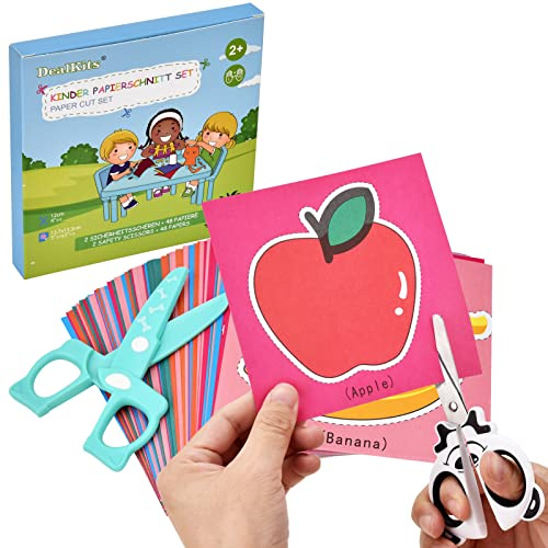 Set da taglio della carta per bambini, forbici per bambini da 2 pezzi (1 * PVC + 1 * lama in acciaio inossidabile) + 48 fogli di carta, divertente set di attività di taglio della carta Giocattolo