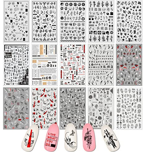 MWOOT Blumen Nailart Sticker, 15 Blätter Selbstklebend Nagelsticker für Neujahr Weihnacten Nagenkunst DIY zum Nageldekoration