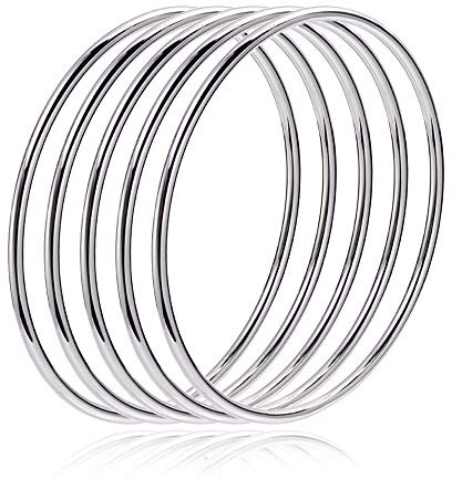 LinnaLove Fashion Shiny Thin Round Stainless Steel Bangle Bracelets for Women (1/3/5/8 Set)-Large-Silver-5 Set