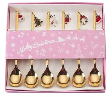 6 stycken jul spoonger bestick kaffe sked rostfritt stål bord dekoration guld