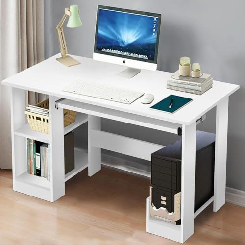 Blisswood Home Office Desk, White Computer Desk With Shelves & Sliding Keyboard Tray PC Laptop Table For Writing Workstation Bedroom Study Furniture (90 x 50 x 75CM)
