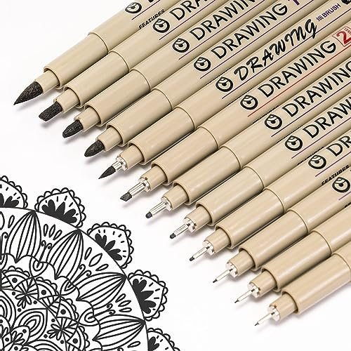 Toptime Fineliner Schwarz, 12 Stück Micro Fineliner Stifte Set, Zeichenstifte Tuschestifte für Künstler, Handlettering Stifte Pigment Liner Set für Skizzen, Technische Zeichnungen, Cartoons