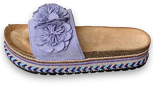 Damen Sandalen Pantoletten Plateau Sommer Schlappen Sandaletten Blumen L05 –Flieder 36
