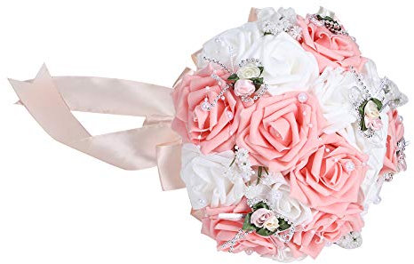 Hochzeits-Brautstrauß Mit Blumen, Kristall-Diamant-Schaumrosen Mit Schleife, Wunderschöner Brautjungfern-Brautstrauß, Hochzeitsblumen(Rosa)