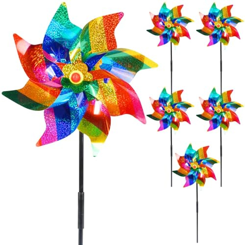 Forhome 5 piezas de protección contra palomas con rueda de viento, rueda de viento colorida, rueda de viento para jardín, ahuyentadores de pájaros con ruedas de viento, ruedas de viento reflectantes