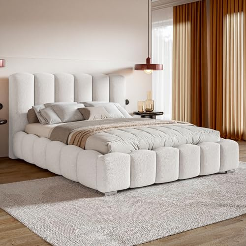 MOTIVENA Grand Bubble Bett 120x200 Weiß Boucle, mit Stauraum, mit Kopfteil, mit Lattenrost, mit Füßen, ohne Matratze, Bubble Polsterbett 120x200 mit Bettkasten Weiß (Milch)