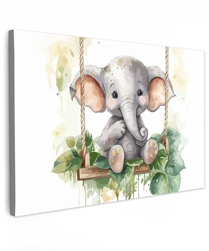 MuchoWow© Leinwand 90x60 cm Deko Schlafzimmer Aesthetic Leinwandbilder Wohnzimmer Gemälde Foto Geschenk Living Room Decoration Elefant - Tier - Kinder - Dschungel - Kinderzimmer - Babyzimmer