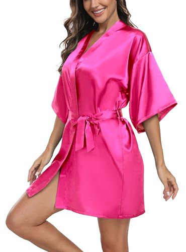 Trek Forte Damen Satin Robe Kimono Morgenmantel Kurzer Bademantel Braut Brautjungfern Nachtwäsche Sommer Mit Gürtel V-Ausschnitt