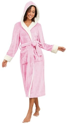 RONGTAI Accappatoio da donna in pile di peluche con cappuccio, camicia da notte spessa, vestaglia lunga da notte con due tasche laterali e cintura