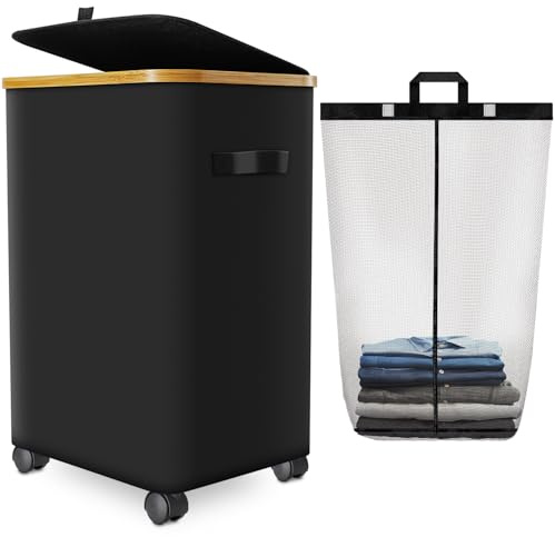 Laundry Hamper with Wheels,20 Gal (75L) Laundry Basket with lid Rolling Clothes Hamper Foldable Dirty Clothes Basket on wheels with Bamboo Frame and Bag for Bedroom, Dorm, Laundry Room-Black