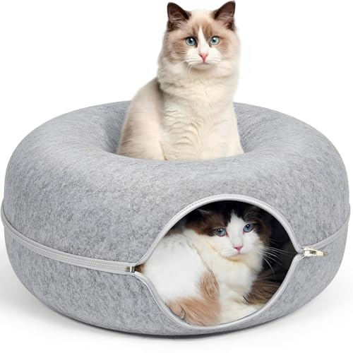 ZVGV 24inch-Tunnel Bed for Indoor,cattasaurus Peekaboo cat cave for Multiple,Detachable Felt Felt Washable Interior for Indoor Cats,Donut Tunnel (Light Gray)