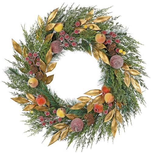 Arborus Ghirlanda natalizia da 61 cm, verde con frutta, ghirlanda invernale per porta d'ingresso, ghirlande natalizie in legno rattan da parete per finestre per interni ed esterni, decorazione
