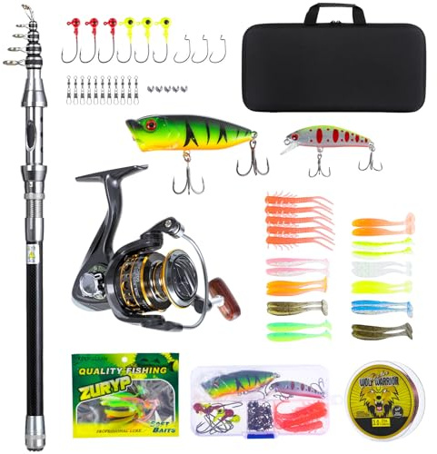 Kit de caña de pescar y carrete de fibra de carbono de 2.1M, combo de caña telescópica con carrete giratorio, señuelos, bolsa de transporte, kit de caña de pescar con línea de pesca, carretes de pesca