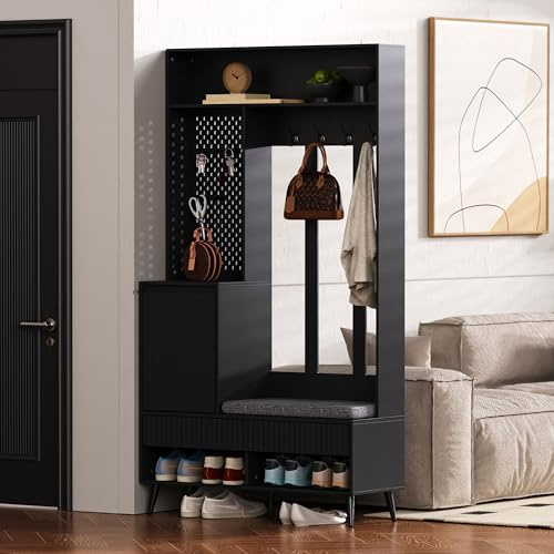 Set de perchero Moimhear, perchero de pared, juego de perchero de pasillo con banco para zapatos, juego de perchero con 4 perchas para ropa, dos cajones y 1 puerta, 100x35x180cm (Negro)