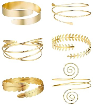 oooaooo Lot de 6 bracelets dorés pour haut du bras - Réglables - Bracelet en spirale - Bijou fantaisie pour les fêtes, les festivals et les tenues punkes