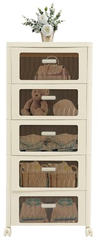 Schubladenbox, 5 Schubladenschrank mit Rädern, Tragfähigkeit jeder Schublade 5 kg, 41,7x32x97cm Stapelboxen für Wohnzimmer, Kinderzimmer, Arbeitszimmer (Quadratische Tür Transparent)