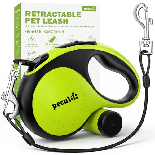 5M Retractable Dog Lead with Chew-proof Cable, One-Button Control & Tangle-Free, Sturdy Nylon Lead with Reflective Strips, Ergonomic Handle, Extendable Dog Lead for Medium Large Dogs Up to 50 kg