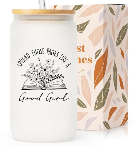 SteadStyle Book Lovers Gifts - 16oz Glass Cups with Lid & Straw Birthday Bookish Presents for Readers Librarian Bookworm Reading Accessories & Book Club Gifts