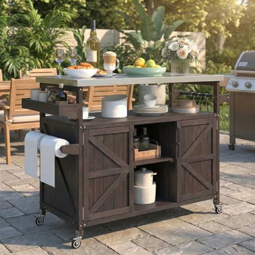 Waully 50.25 Outdoor Kitchen Island with Wheels for Food Prep, Strage, Bar, Rolling Outdoor Grill Table for Outside, Outside Cooking Table, Grill Carts, Cooking Station, Modular, Solid Wood, Brown