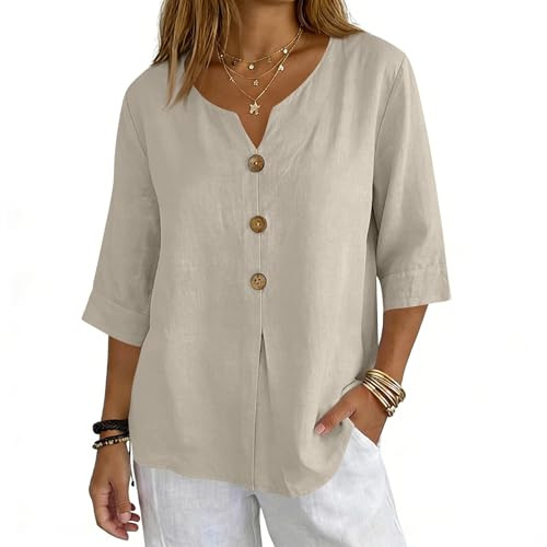 3/4 Length Sleeve Womens Tops Cotton Linen V Neck T Shirts Summer Beach Casual Boho Three Quarter Sleeve Tops