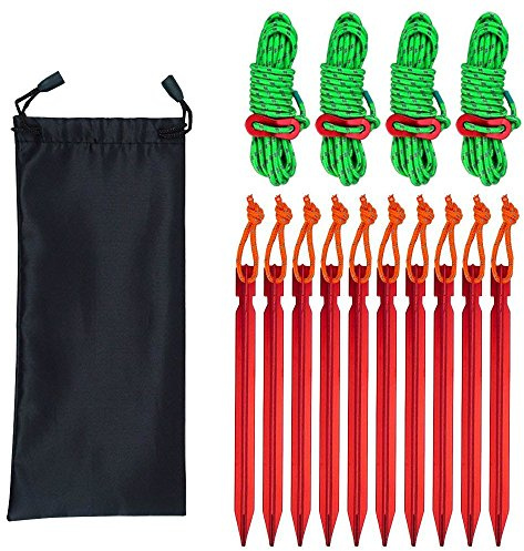 SourceTon 10 Pack Tent Stakes with 4 Reflective Guy Lines - 7075 Aluminum Lightweight Rust-Free Camping Pegs for All Terrains, Includes Adjustable Cord & Carry Pouch (7 Heavy Duty)