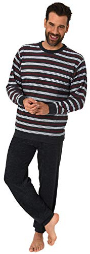NORMANN-Wäschefabrik Eleganter Herren Frottee Pyjama Schlafanzug lang mit Bündchen - auch in Übergrössen 61505, Farbe:schwarz, Größe:54