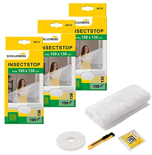 Schellenberg 3er Spar-Pack 50712 Fliegengitter für Fenster, Insektenschutz ohne Bohren, Schutz vor Mücken, Fliegen, Insekten & Ungeziefer, 100 x 130 cm, inkl. Befestigungsband, weiß