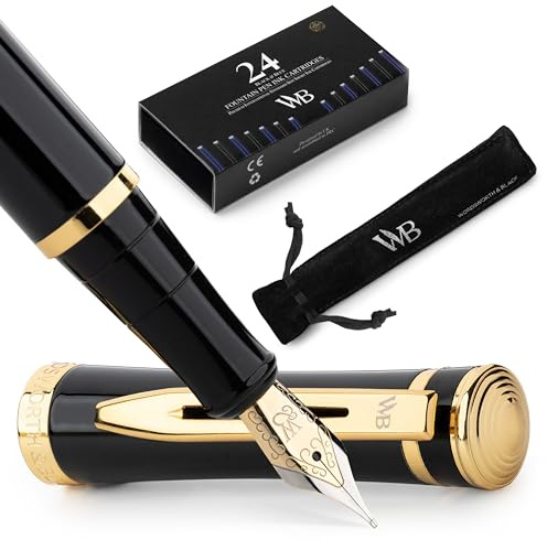 Wordsworth & Black Juego de plumas estilográficas punta media con 24 cartuchos de tinta, un convertidor para la recarga de tinta y un Bolsa de regalo, caligrafía (Oro negro)