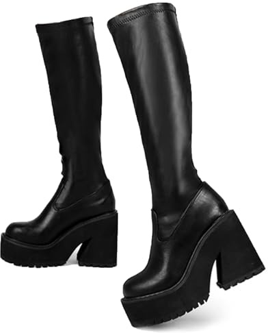 AMINUGAL Women's Elastic Knee High Platform Chunky Block Heel Sock Boots Zipper Round Toe Fashion Motorcycle Combat Punk Boots - Black, Size 7.5