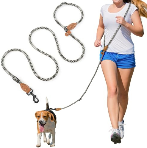Mile High Life Hands Free Dog Leash, Crossbody Waist Leash with Genuine Leather Connection, Multifunctional Adjustable Slip Lead for Dog Walking Running (Black Khaki, 7FT)