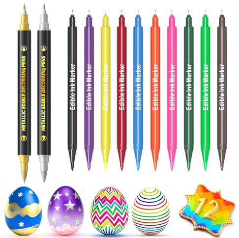 Food Coloring Pens Set of 12, Dual Tips Edible Ink Markers, Food Grade Gourmet Writers with 12 Vibrant Colors, for Cookies, Cakes, Cupcakes, Crafts, Drawing, Painting & Baking Decorating