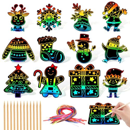 Weihnachten Kratzbilder Bastelset, JULMELON 36 Stück Weihnachts Kratzbilder für Kinder Regenbogen Kratzpapier Anhänger Kratzbilder Ornaments für Weihnachten Winterurlaub Party Deko