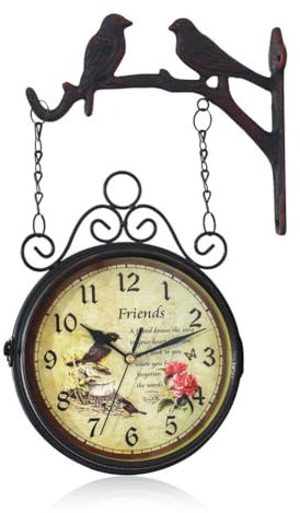 Asudaro Reloj de estación circular, reloj de estación silenciosa, reloj de estación de tren colgante para patio, jardín, oficina, reloj de pared con soporte lateral de pared para interiores y