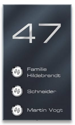Metzler Mehrfamilienhaus Aufputz Türklingel in Anthrazit RAL 7016 - Gravur - wasserdichter LED-Taster - Befestigung mit Dämmstoffdübel möglich - modernes Design