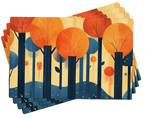 Autumn Forest Trees Placemats Set of 4, Orange Blue Decorative Place Mats for Dining Table, Non-Slip Washable Indoor Outdoor Fall Tableware 18x12 Inch