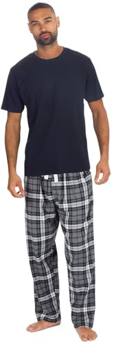 Style It Up Mens Flannel Fleece Short Sleeve Pyjama Set Cotton Rich Pants Plain T-Shirt Comfortable Soft Warm Adults Nightwear Loungewear (NAVY-GREY, M)