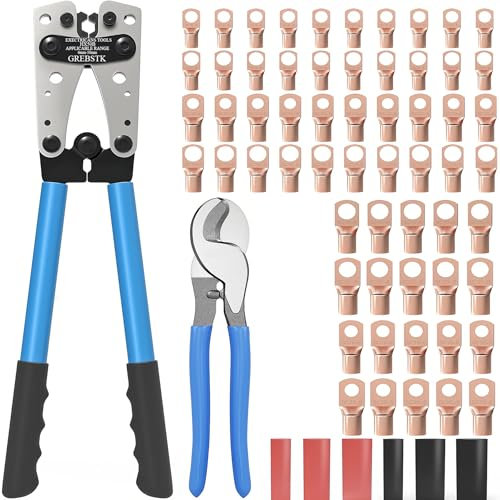 GREBSTK Kit di crimpatura per capocorda della batteria per AWG 10-1/0, include crimpatrice elettrica, tagliacavi, 60 terminali ad anello e 60 tubi termorestringenti