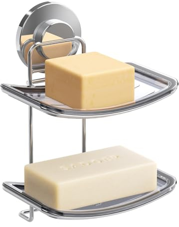 TAILI Suction Soap Dish for Shower, Max Hold 5 KG Shower Soap Holder for Bathroom, Double Layer, Wall Mounted Sponge Tray, Drill-Free, Removable Bathtub Organizer, Stainless Steel Sink Holder, Chrome