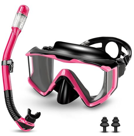 Gafas y Tubo de Snorkel Set para Adulto, Gafas de Buceo panorámicas de 180°,máscara de Snorkel antivaho y antifugas,con Lente de Vidrio Templado,Gafas de Buceo para Adultos con esnórquel (Negro/Rosa)